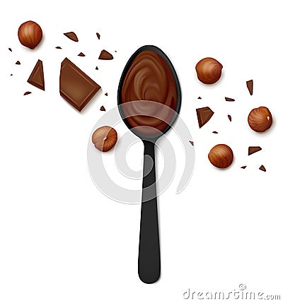 Hazelnut cocoa spread in a black spoon with scattered filbert kernels, chocolate pieces and chunks Vector Illustration